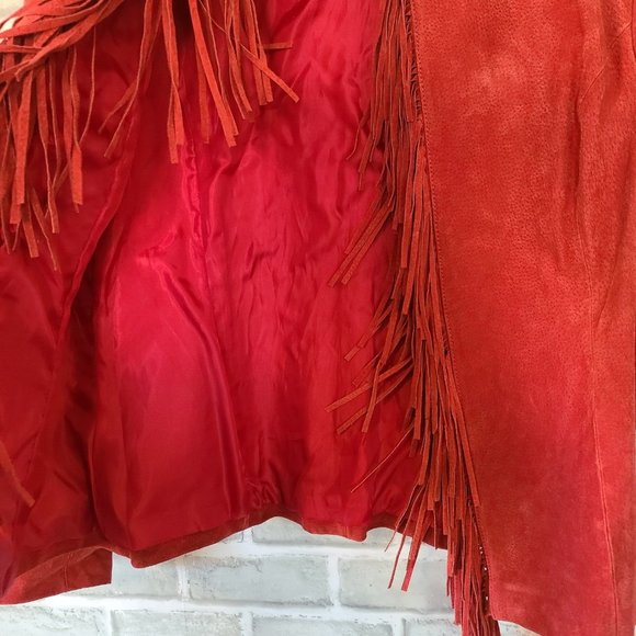 3B West Womens Fringed Leather Jacket Red Suede Open Front Size Large *read - Picture 12 of 12